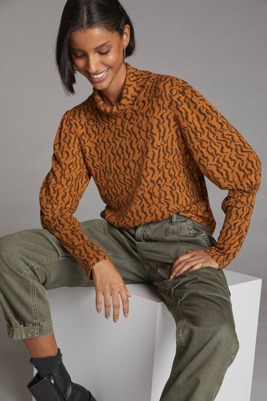 Anthropologie Puff-sleeved Turtleneck Top Brown Motif - S